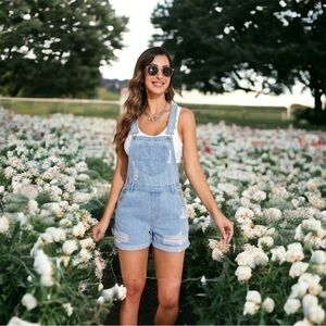 Distressed Denim Overall Shorts Cotton Spandex Blend